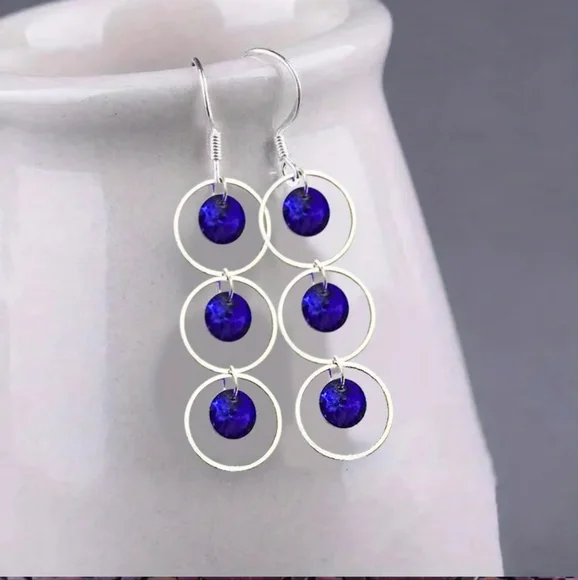 Y2K Retro Ethnic Style Hollow Circle With Blue Disc Dangle Earrings. - Picture 4 of 6